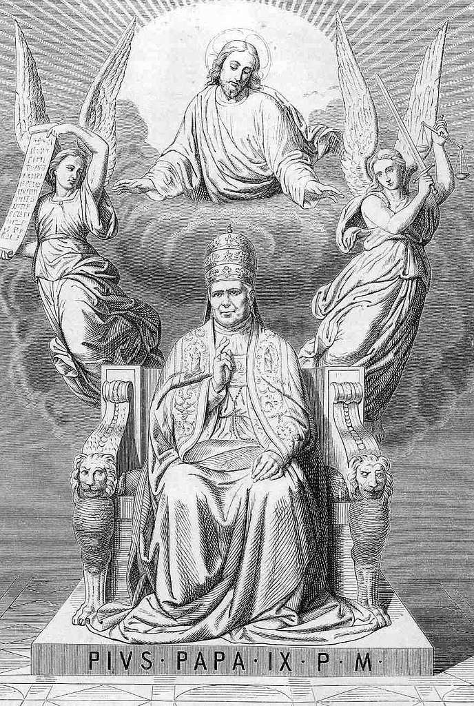 Engraving of Pope Pius IX enthroned, with Christ above and two angels beside him